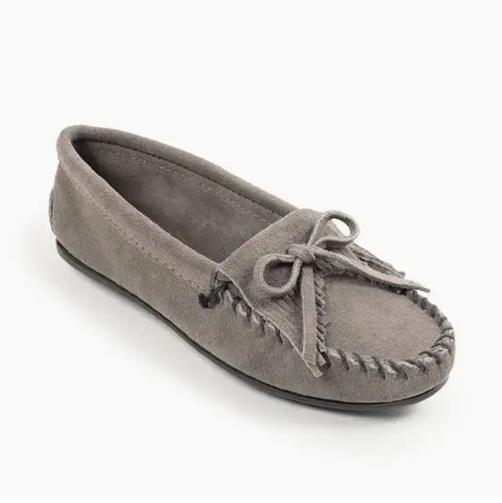 Minnetonka Kilty Gray Suede Moccasins